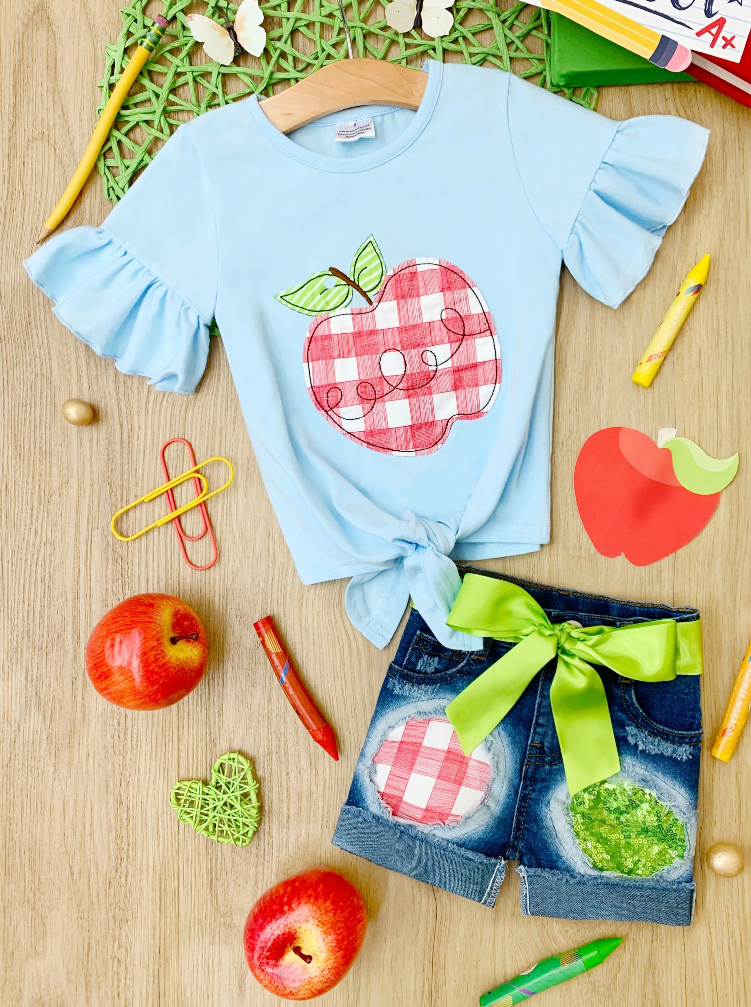 Smart Apple Sparkly Patched Denim Short Set